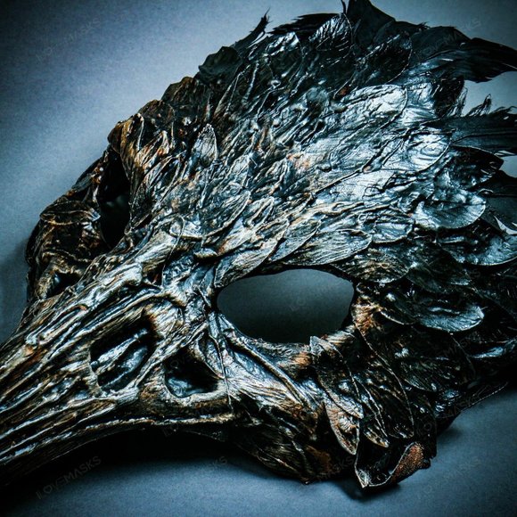 Brown Raven Skull Long Nose w/ Feather Party Mask - Picture 8 of 10